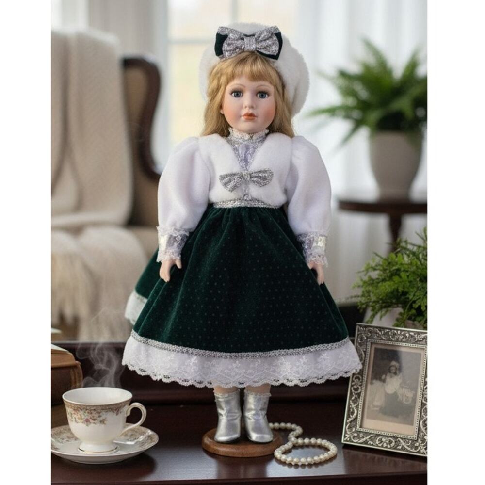 Winter Wonderland 22 Inch Porcelain Doll With Stand Collectible